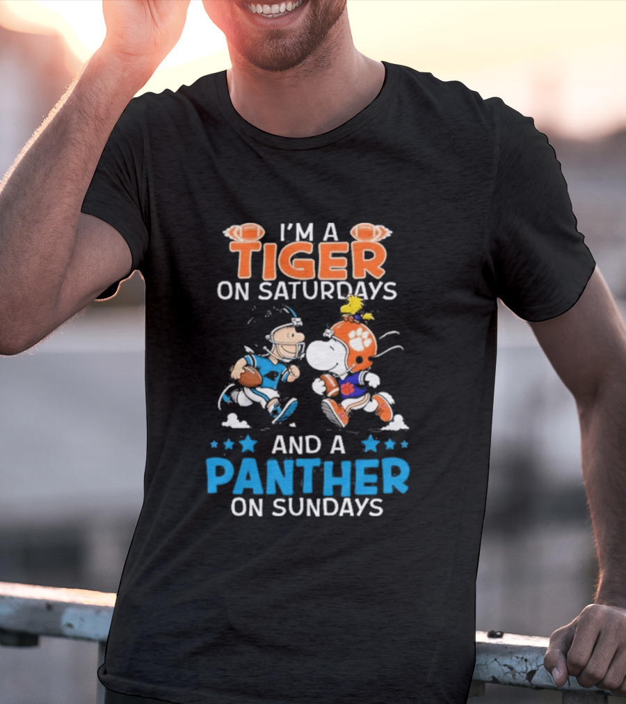Charlie Brown Snoopy Tiger Saturdays Panther Sundays Football T-Shirt