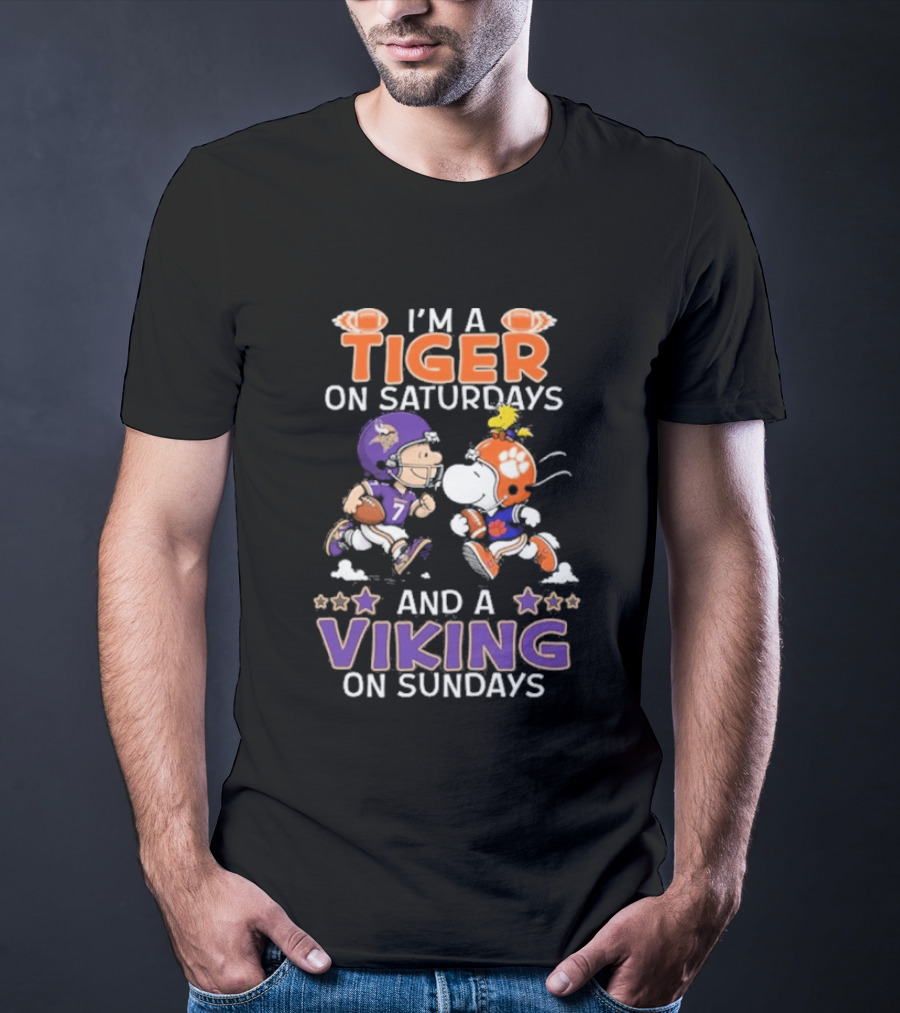 I'm A Tiger On Saturdays And A Viking On Sundays Charlie Brown And Snoopy Football Fan Days T-Shirt