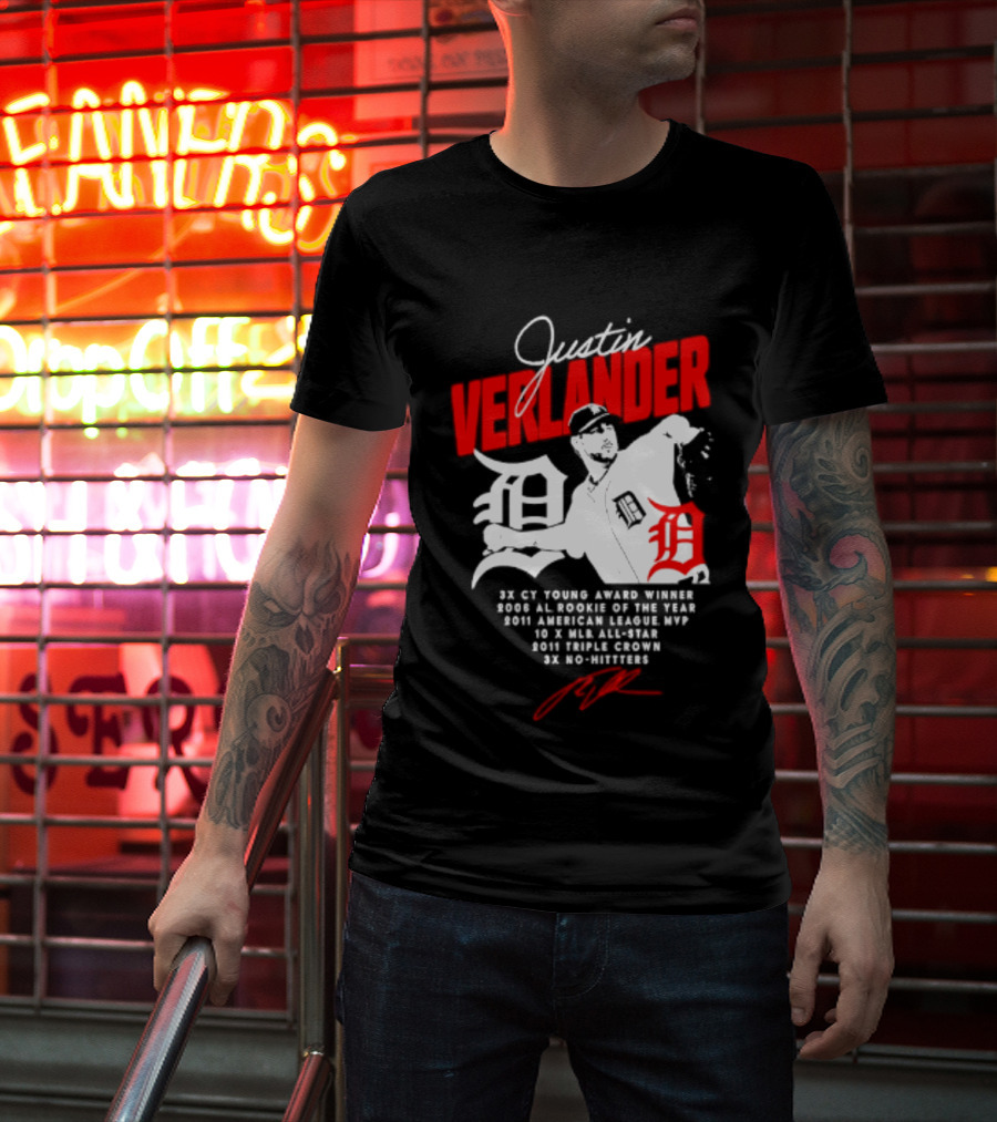 Detroit Tigers Justin Verlander No Hitter AL Rookie MVP Cy Young Winner MLB Career T-Shirt