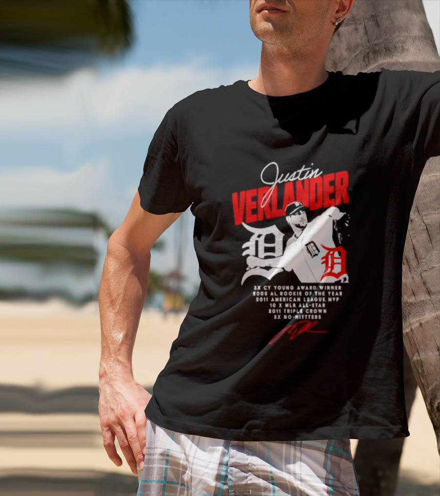 Detroit Tigers Justin Verlander No Hitter AL Rookie MVP Cy Young Winner MLB Career T-Shirt