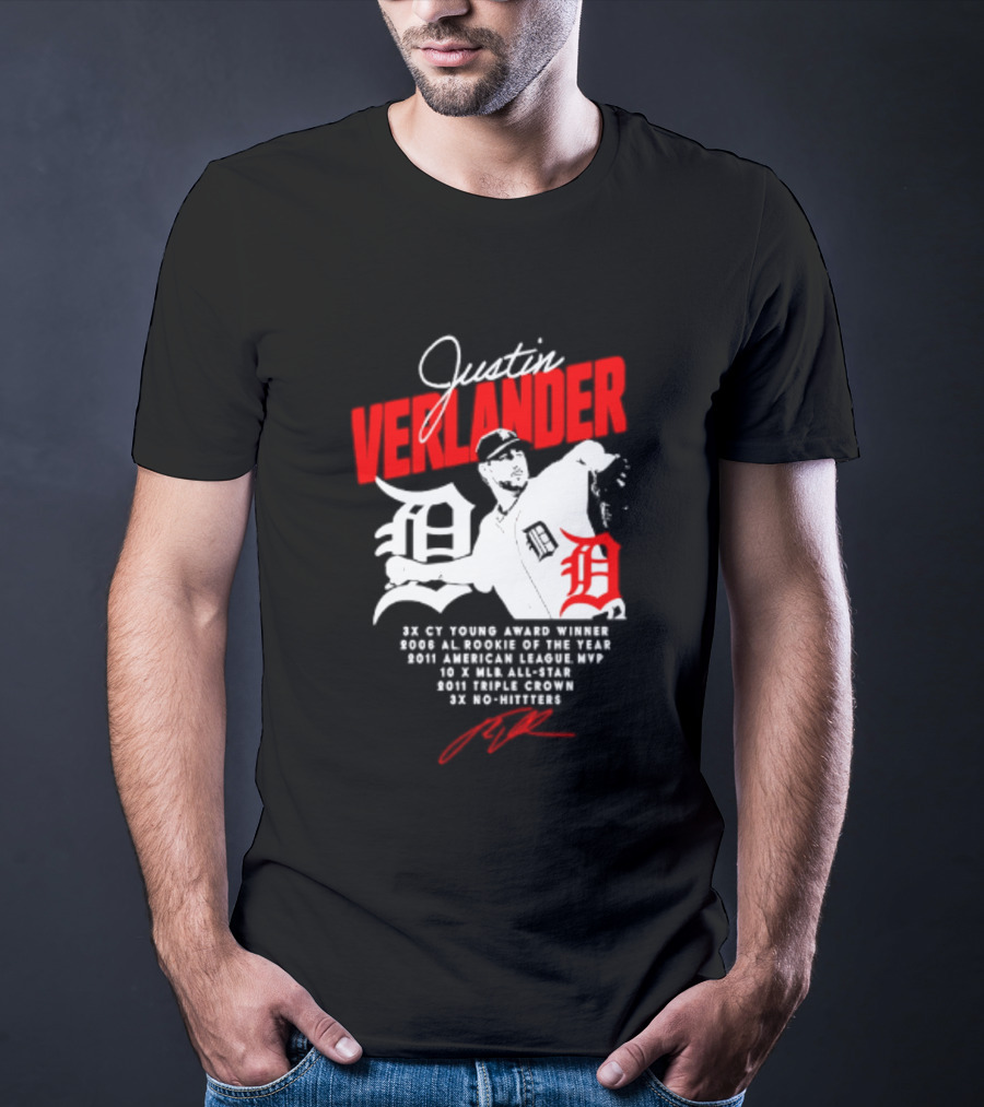 Detroit Tigers Justin Verlander No Hitter AL Rookie MVP Cy Young Winner MLB Career T-Shirt