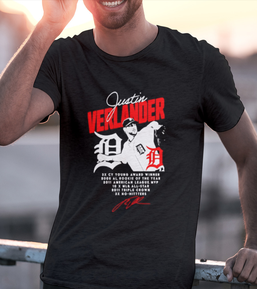 Detroit Tigers Justin Verlander No Hitter AL Rookie MVP Cy Young Winner MLB Career T-Shirt