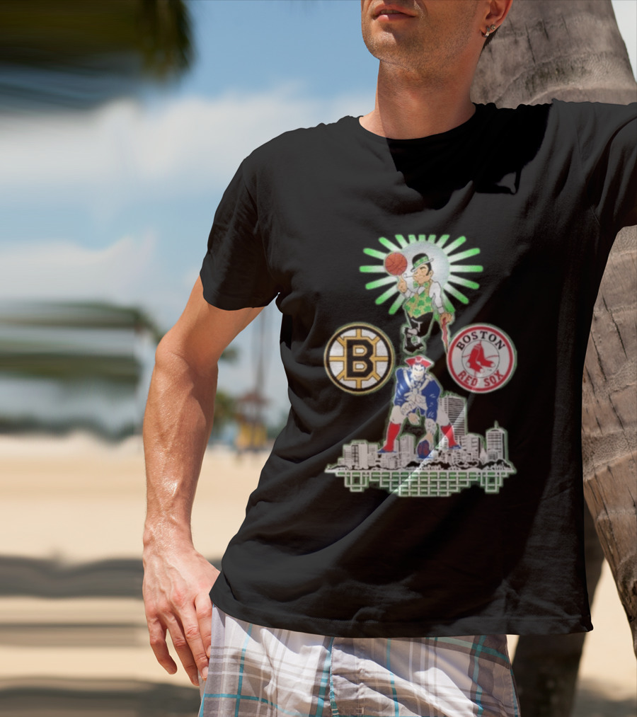 Boston Celtics Red Sox Bruins Skyline Triple Team Sports Boston T-Shirt