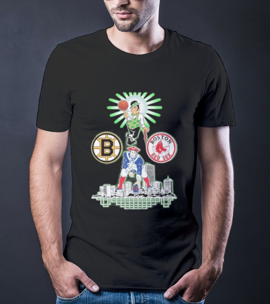 Boston Celtics Red Sox Bruins Skyline Triple Team Sports Boston T-Shirt