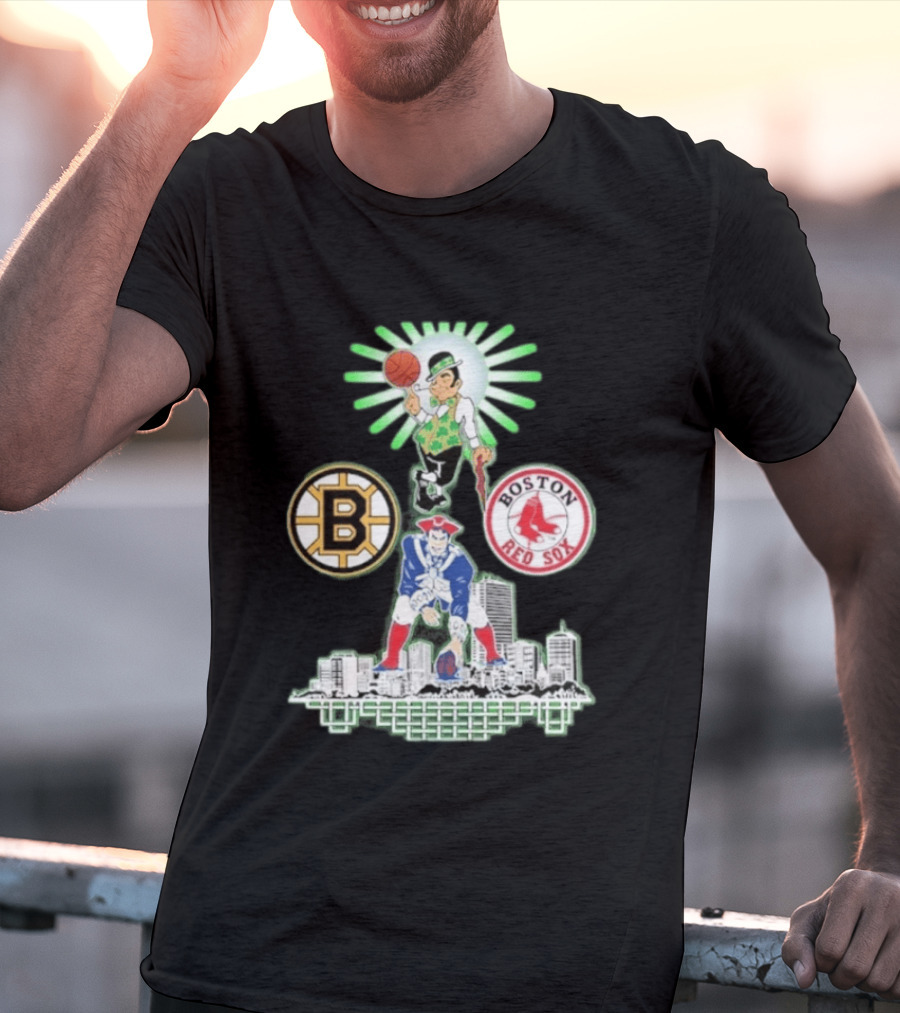 Boston Celtics Red Sox Bruins Skyline Triple Team Sports Boston T-Shirt