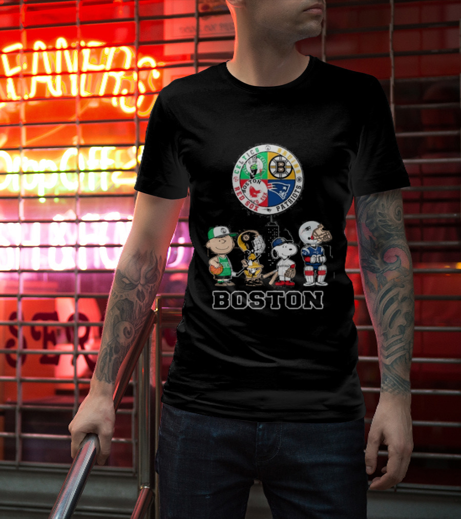 Boston Celtics Bruins Red Sox Patriots Cartoon Characters Skyline Sports T-Shirt