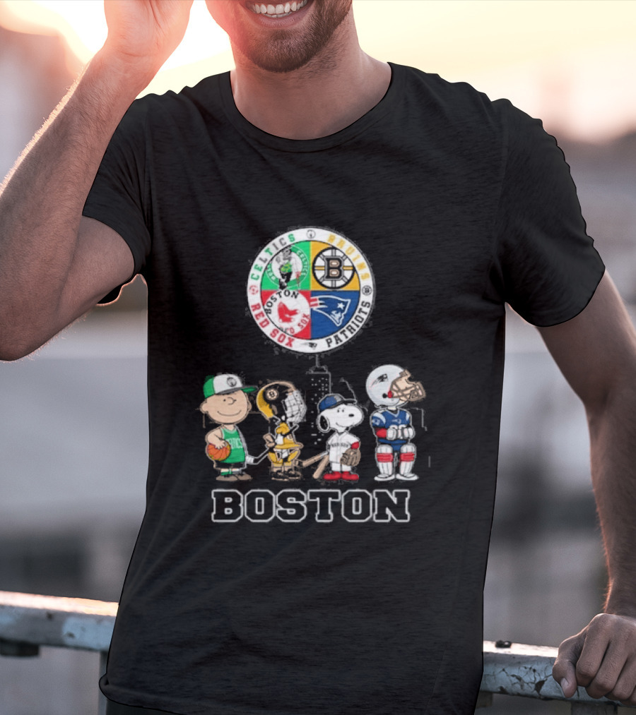 Boston Celtics Bruins Red Sox Patriots Cartoon Characters Skyline Sports T-Shirt