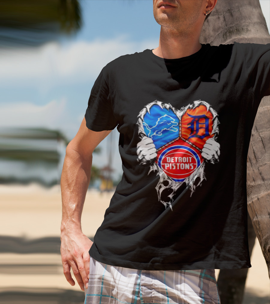 Detroit Lions Tigers Pistons Heart Scratch Mashup T-Shirt