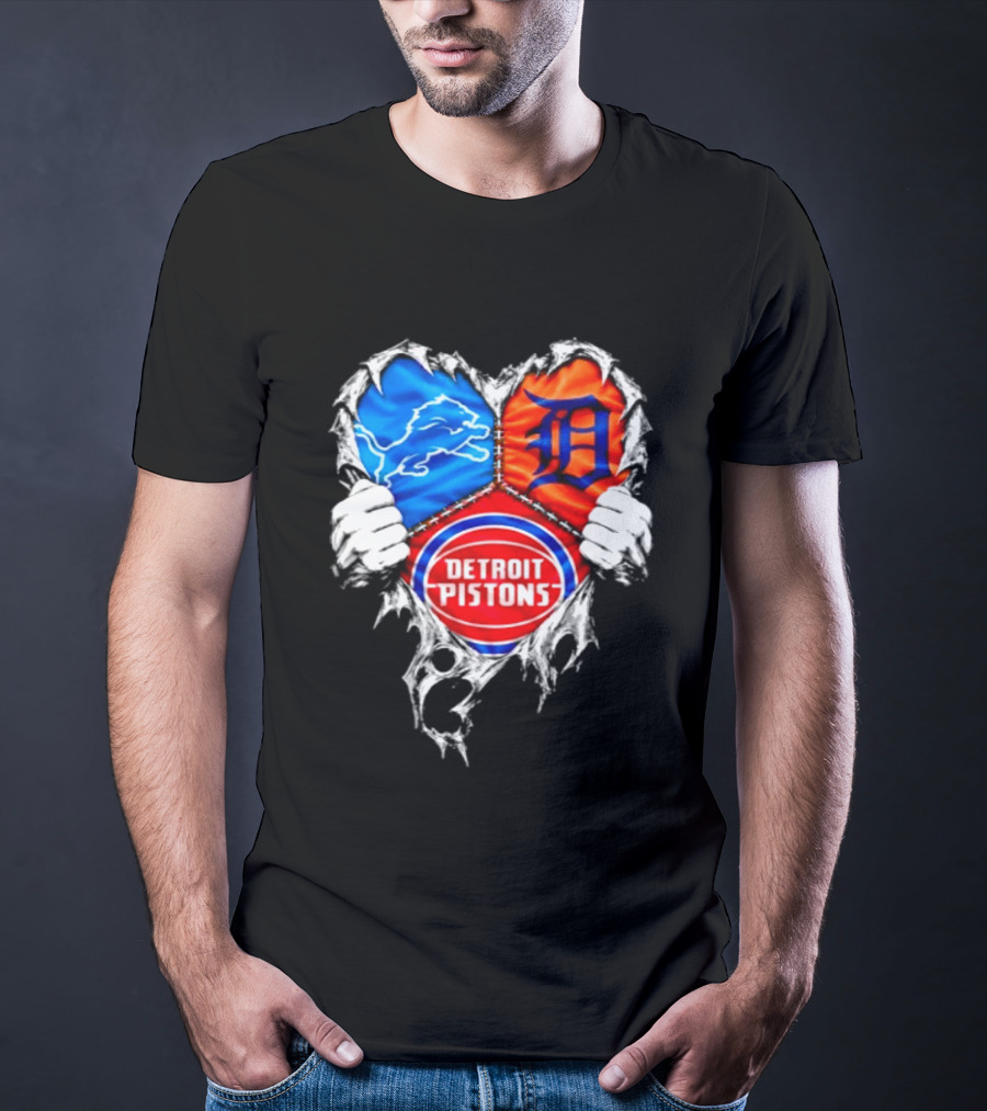 Detroit Lions Tigers Pistons Heart Scratch Mashup T-Shirt
