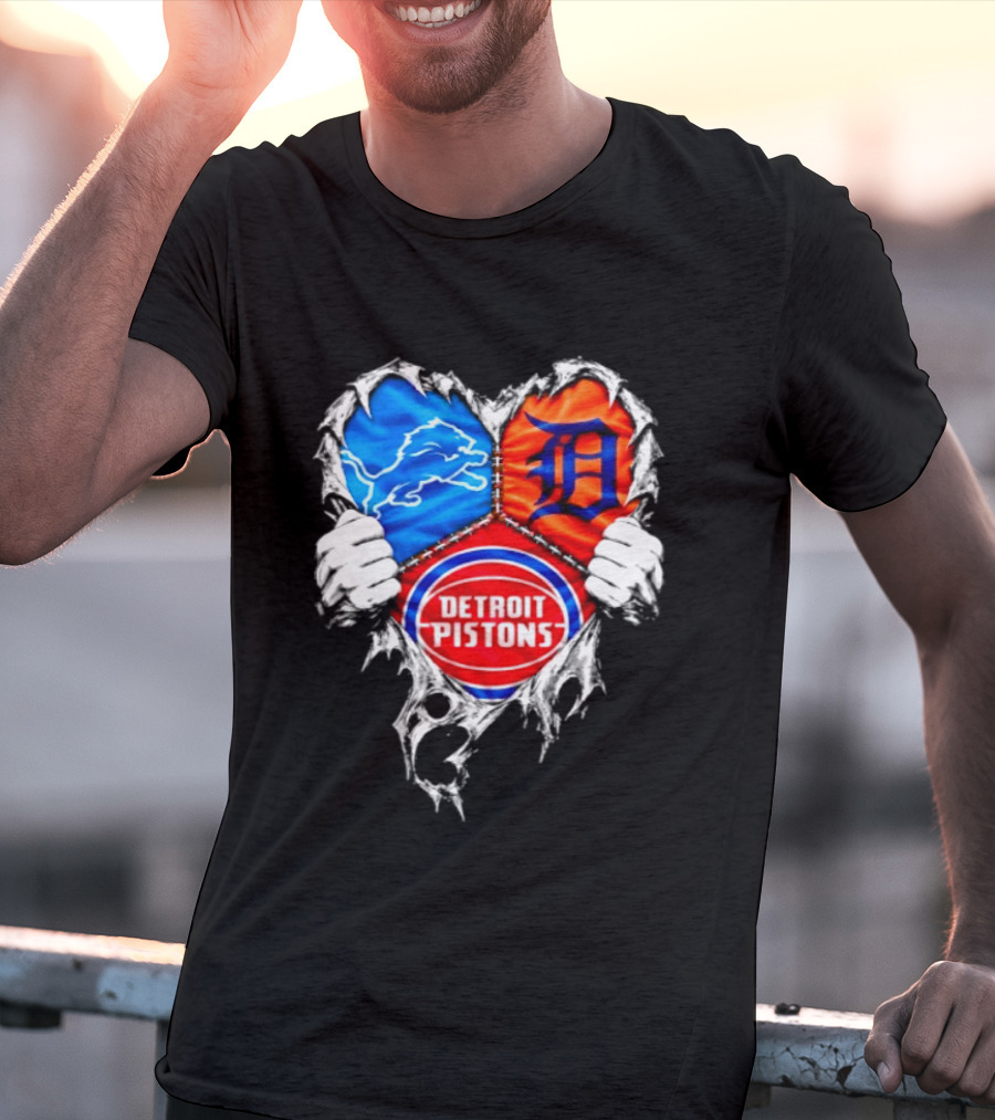 Detroit Lions Tigers Pistons Heart Scratch Mashup T-Shirt
