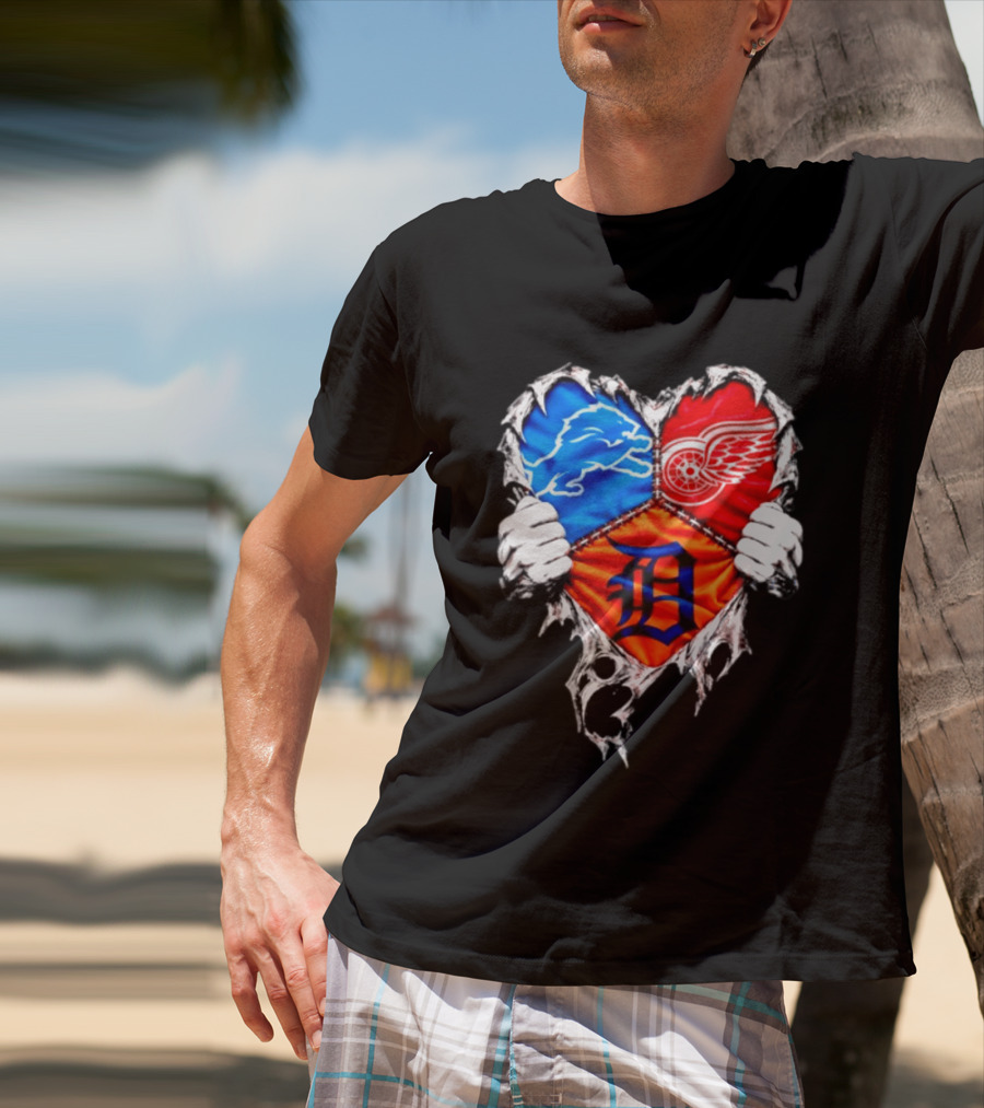 Detroit Lions Red Wings Tigers Heart Scratch Mashup T-Shirt