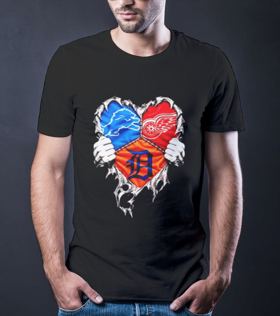 Detroit Lions Red Wings Tigers Heart Scratch Mashup T-Shirt