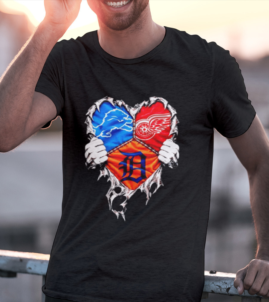 Detroit Lions Red Wings Tigers Heart Scratch Mashup T-Shirt