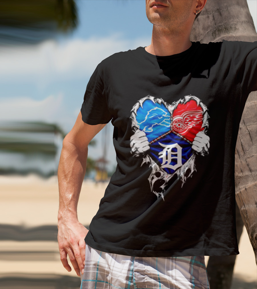 Detroit Lions Red Wings Tigers Heart Scratch Mashup T-Shirt