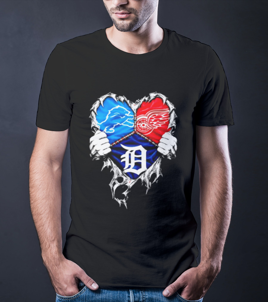 Detroit Lions Red Wings Tigers Heart Scratch Mashup T-Shirt