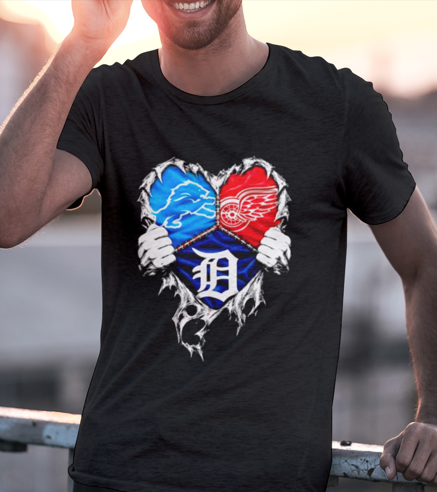 Detroit Lions Red Wings Tigers Heart Scratch Mashup T-Shirt