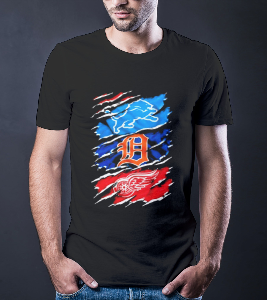 Detroit Lions Tigers Red Wings Scratch Mashup T-Shirt