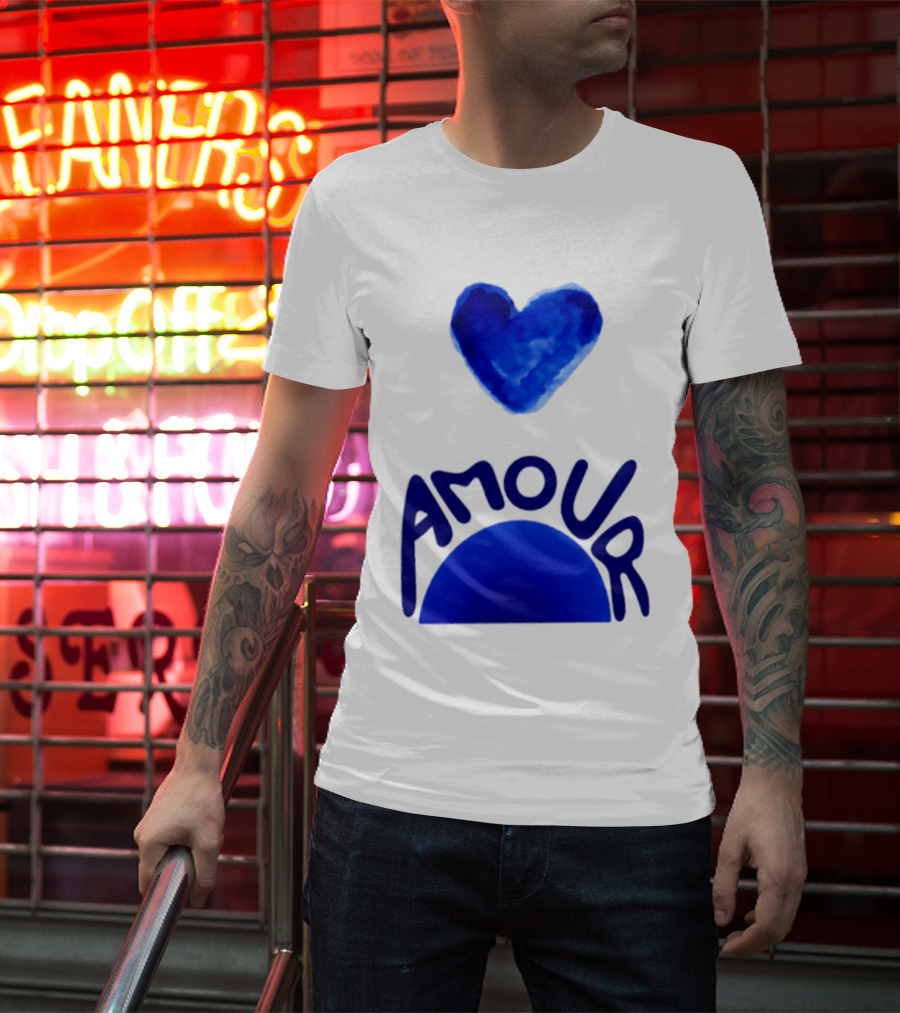 Amour Blue Heart French Love Watercolor T-Shirt