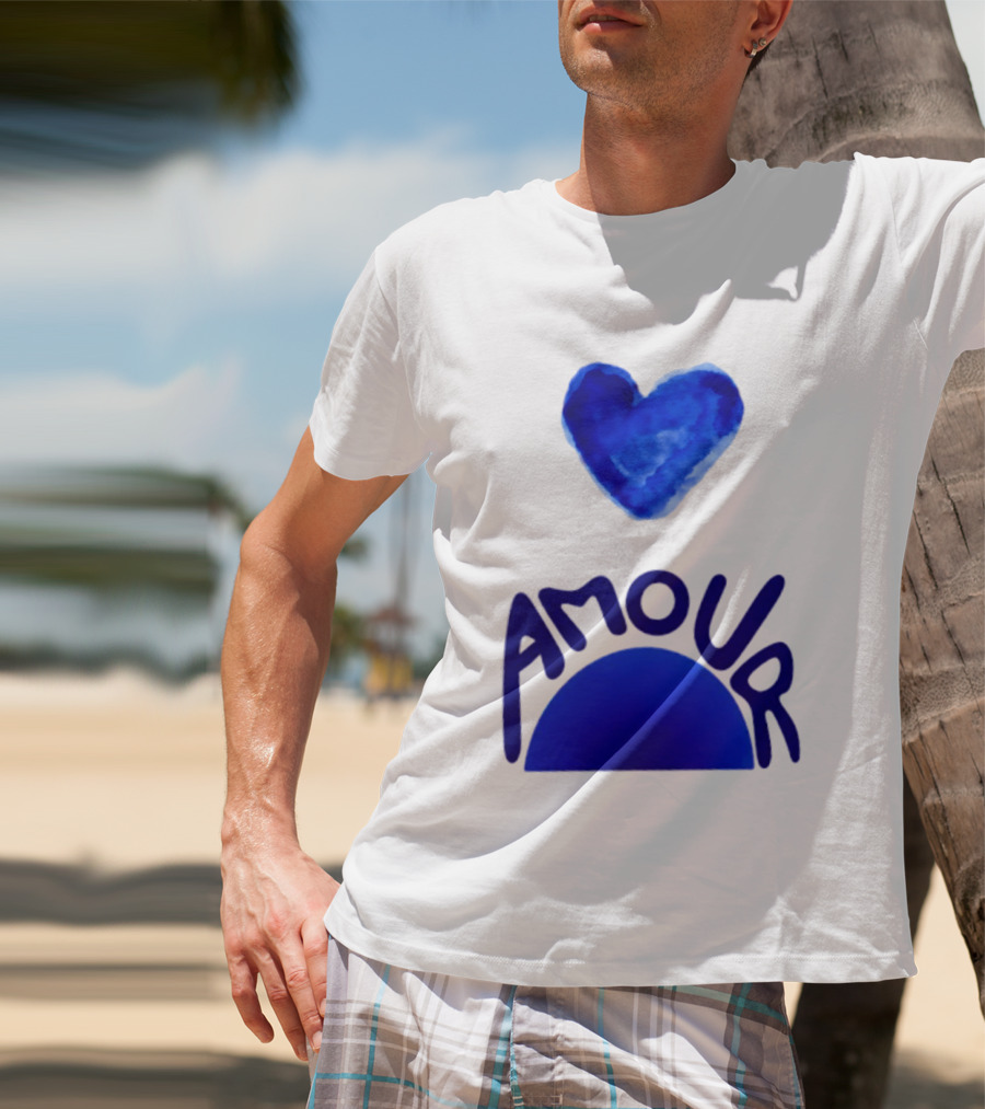 Amour Blue Heart French Love Watercolor T-Shirt