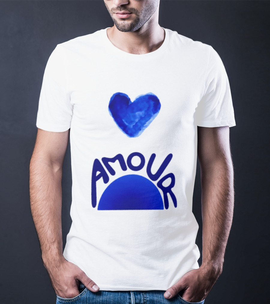 Amour Blue Heart French Love Watercolor T-Shirt