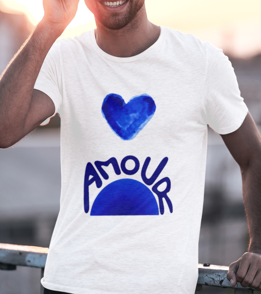 Amour Blue Heart French Love Watercolor T-Shirt