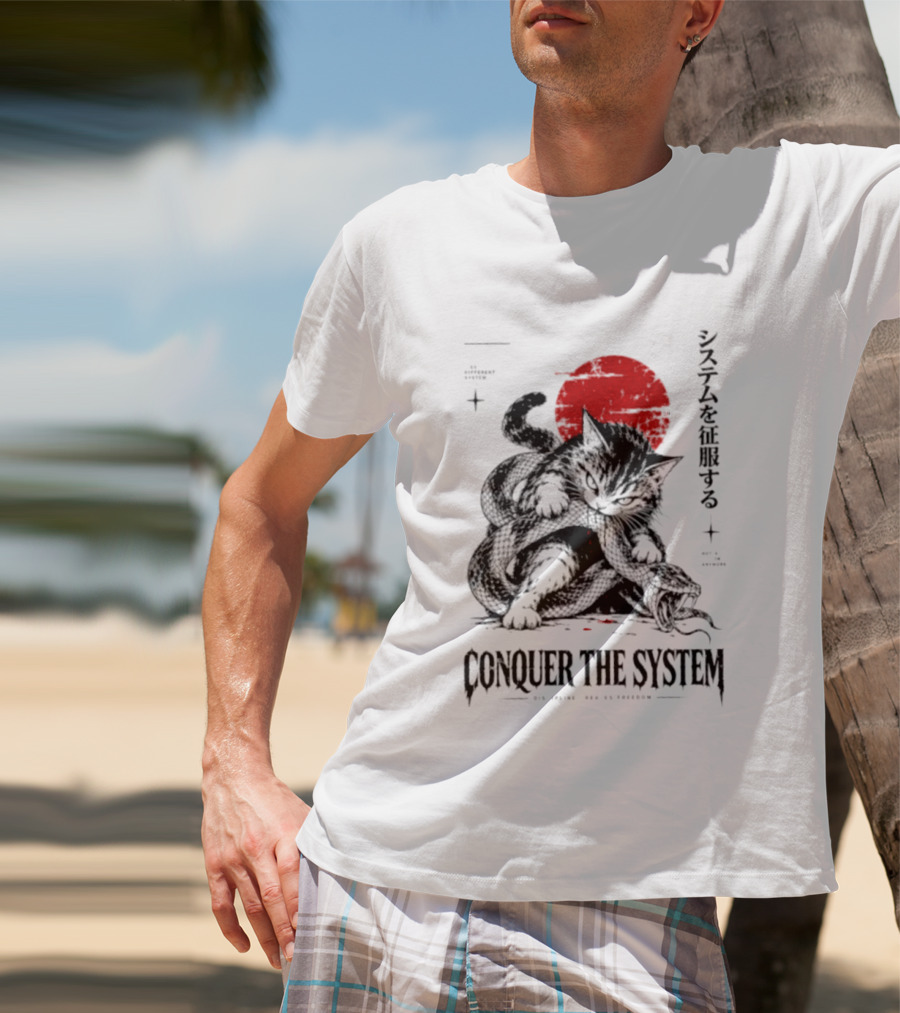 Cat Conquer The System Discipline Creates Freedom Japanese Style Red Sun T-Shirt