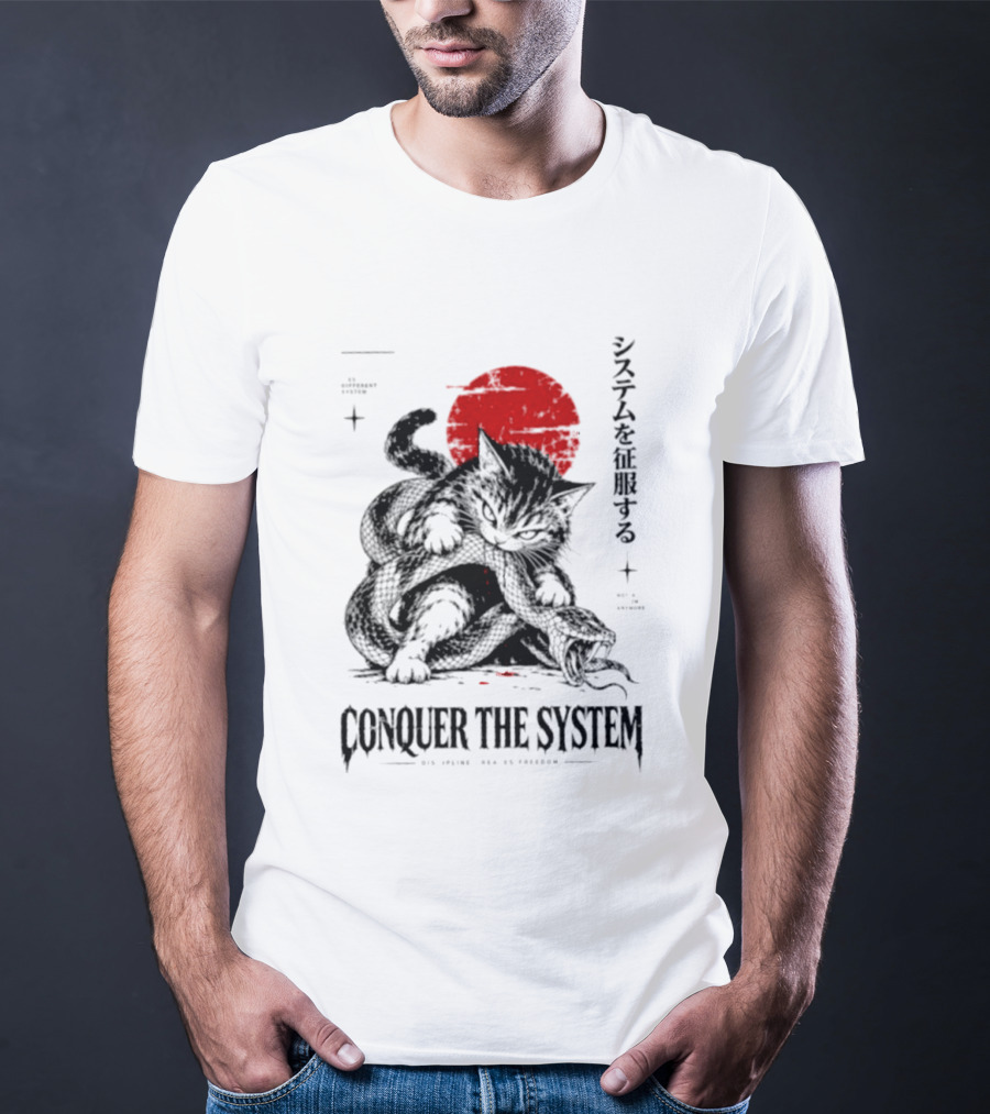 Cat Conquer The System Discipline Creates Freedom Japanese Style Red Sun T-Shirt