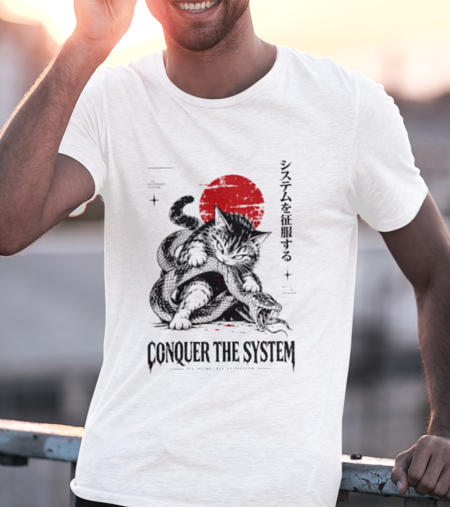 Cat Conquer The System Discipline Creates Freedom Japanese Style Red Sun T-Shirt