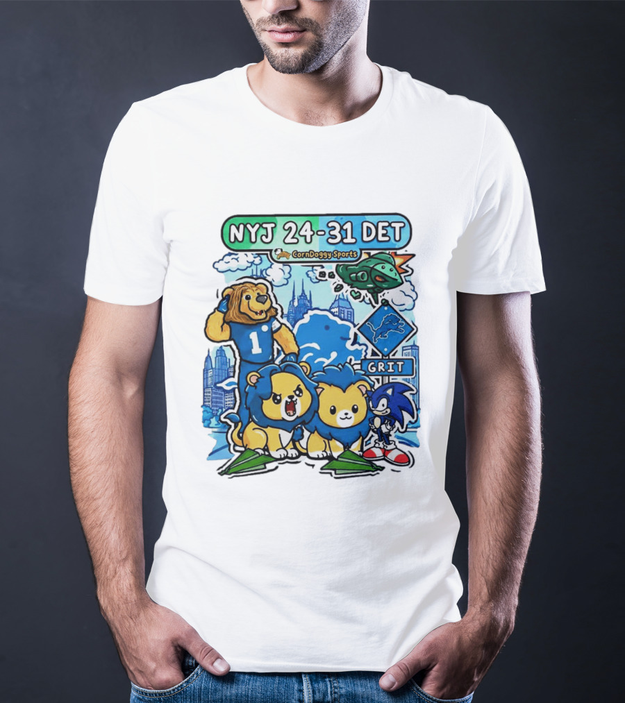 NYJ 24 31 DET Corndoggy Sports Grit Lions Cityscape T-Shirt