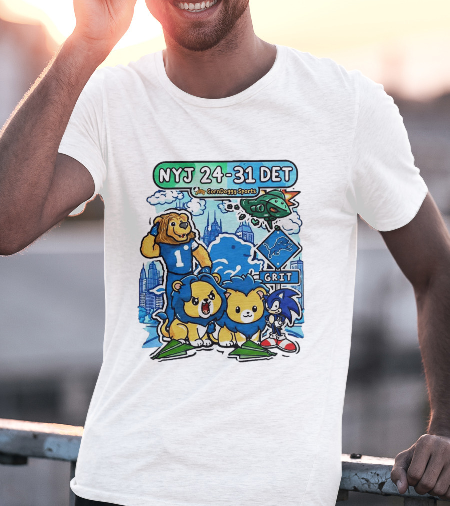 NYJ 24 31 DET Corndoggy Sports Grit Lions Cityscape T-Shirt