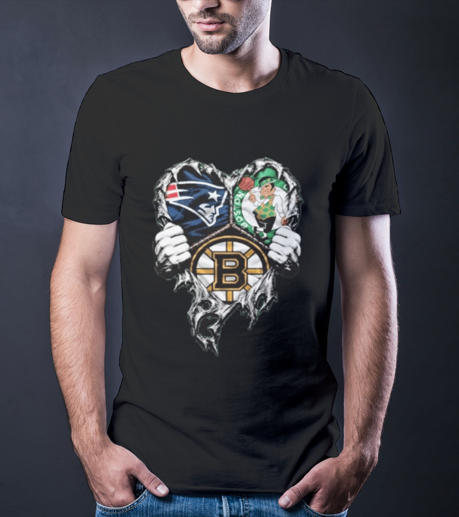 New England Patriots Boston Celtics Boston Bruins Ripped Heart Triple Team Sports T-Shirt