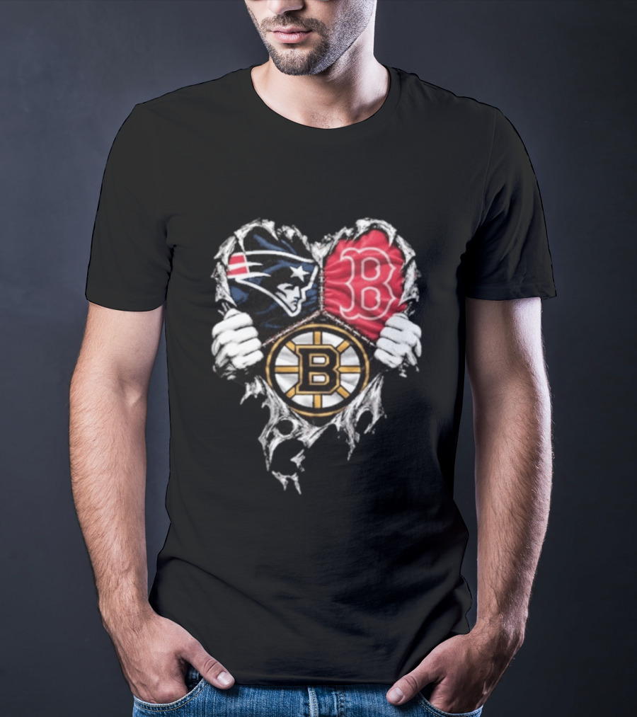New England Patriots Boston Red Sox Boston Bruins Heart Iconic Trio T-Shirt