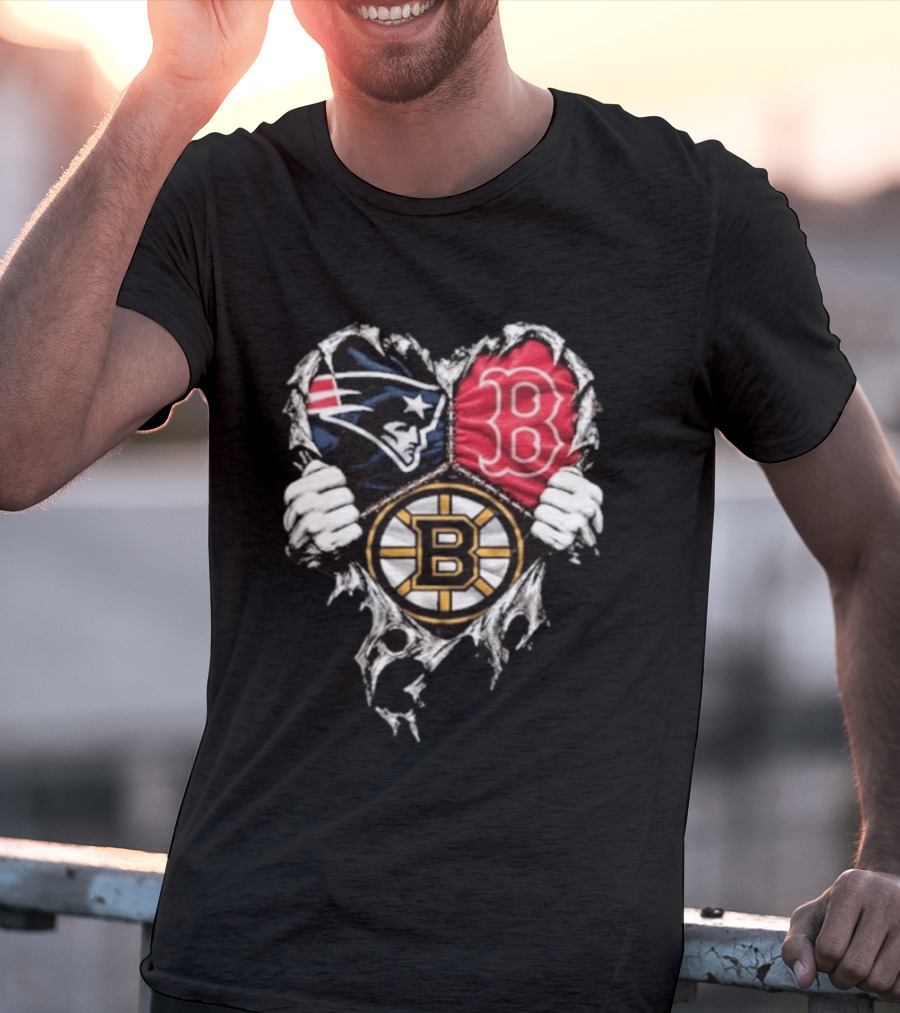 New England Patriots Boston Red Sox Boston Bruins Heart Iconic Trio T-Shirt