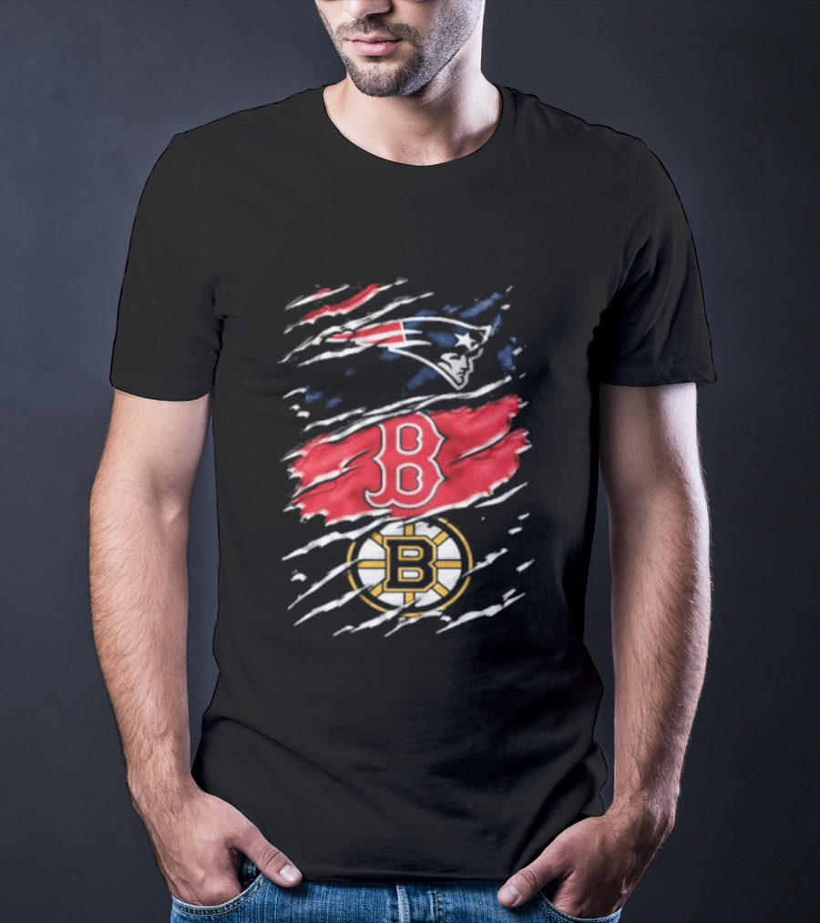 New England Patriots Boston Red Sox Boston Bruins Ripped Distressed Triple Team Sports T-Shirt