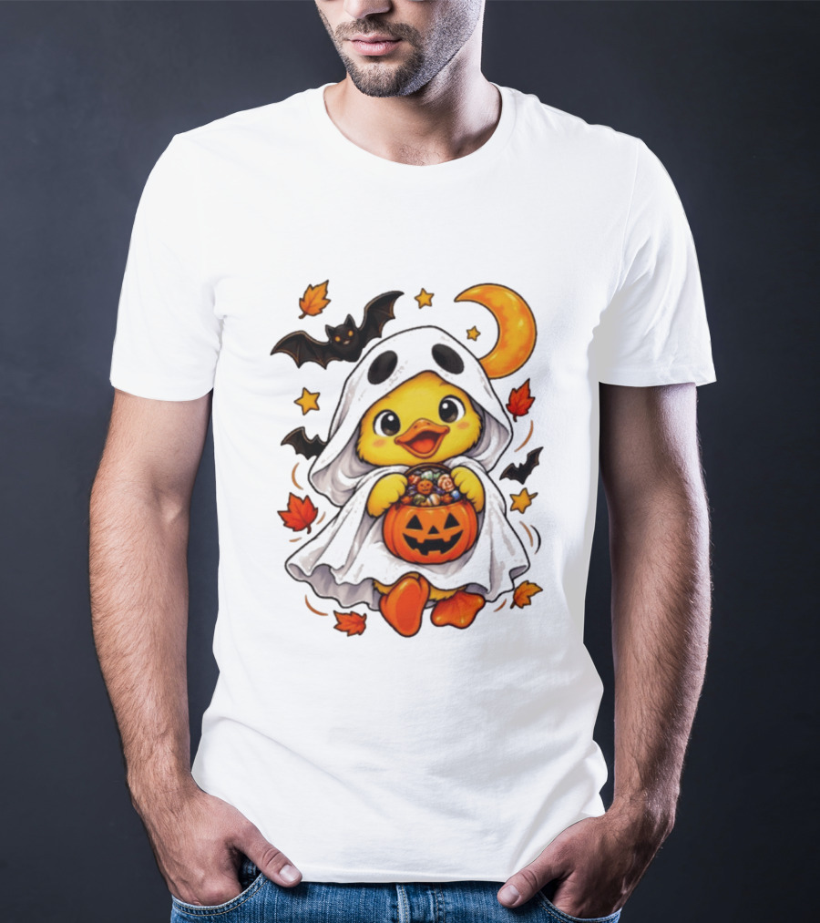 Ghost Ducking With Halloween Pumpkin Candy Bucket Bat Moon And Stars T-Shirt