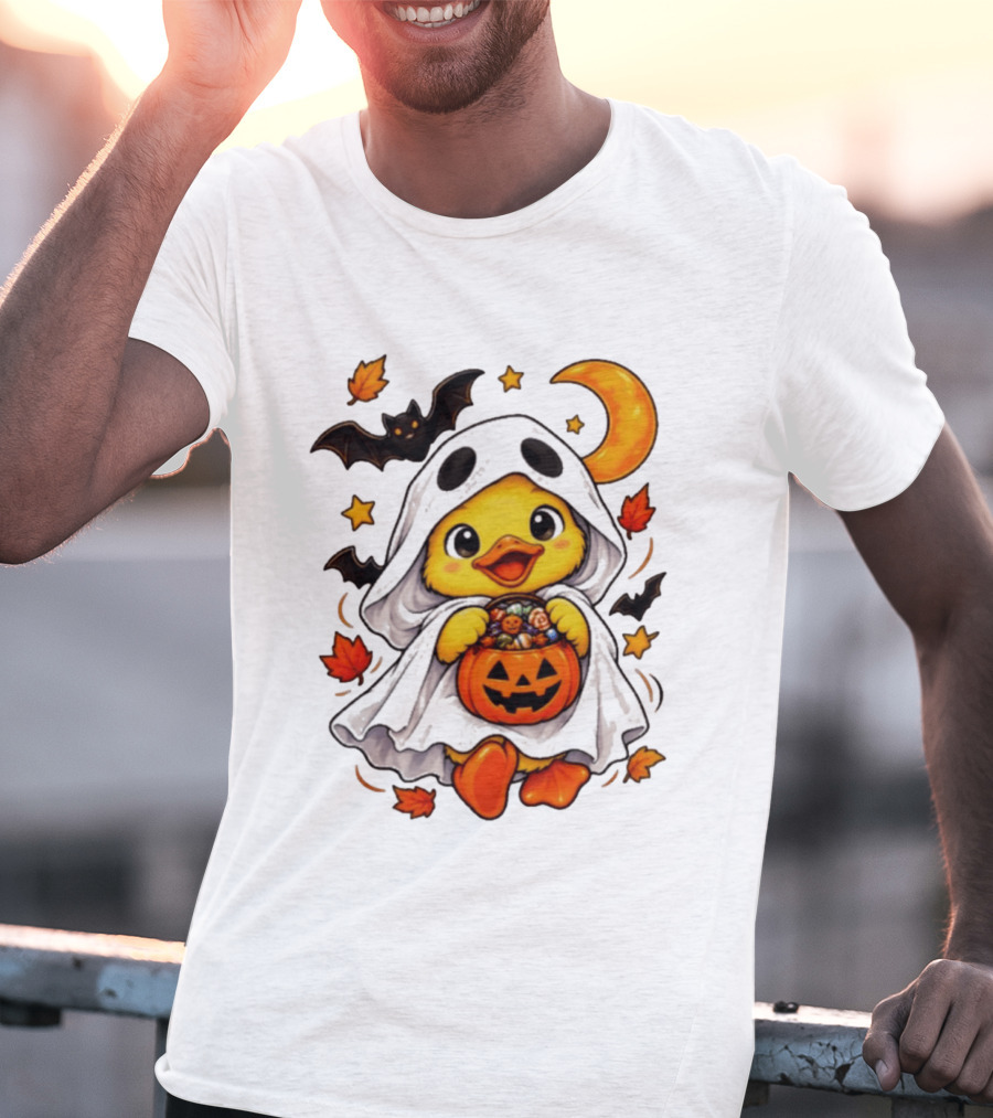 Ghost Ducking With Halloween Pumpkin Candy Bucket Bat Moon And Stars T-Shirt