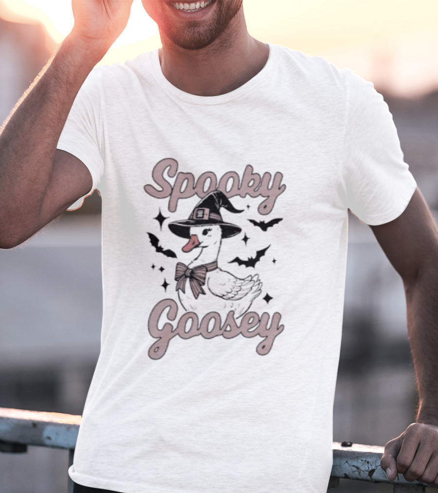 Spooky Goosey Witch Hat Bow Halloween Bats And Stars T-Shirt