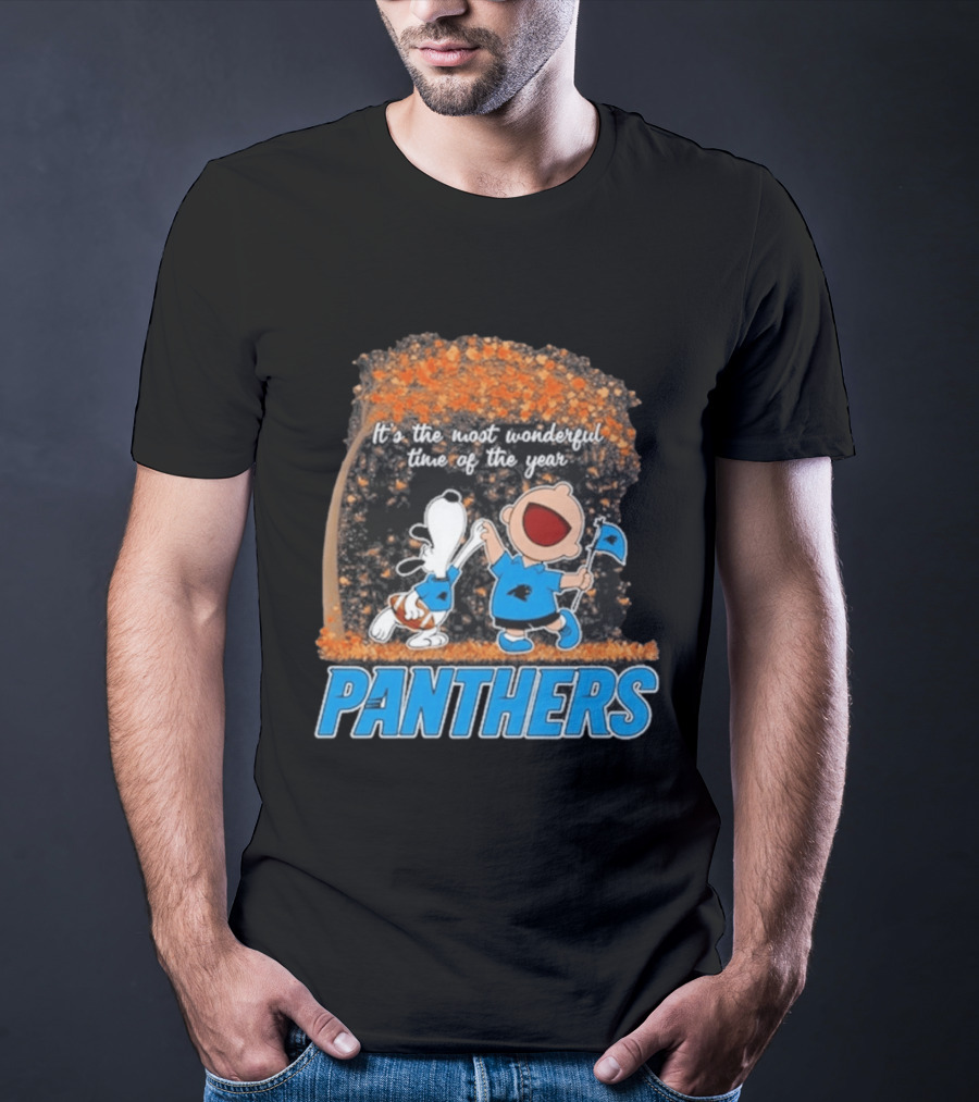 Carolina Panthers Snoopy Charlie Brown Dancing It's The Most Wonderful Time Of The Year 2026 T-Shirt