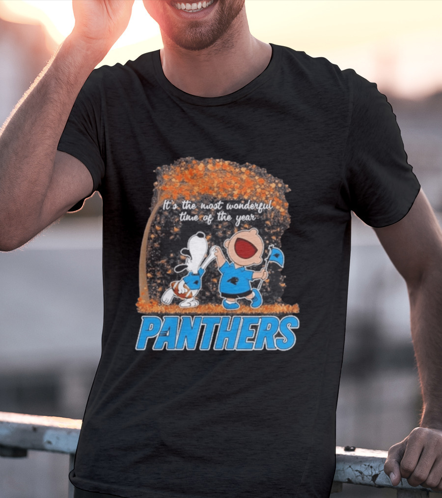 Carolina Panthers Snoopy Charlie Brown Dancing It's The Most Wonderful Time Of The Year 2026 T-Shirt