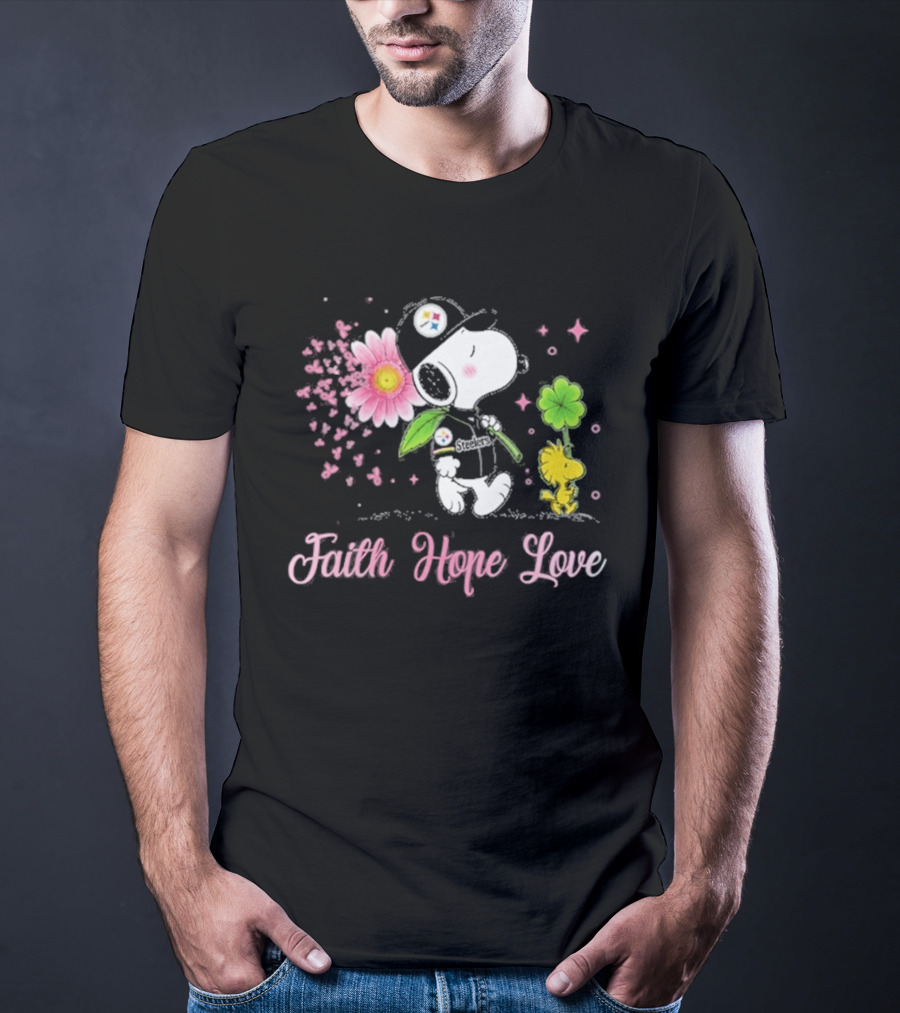 Pittsburgh Steelers Snoopy Woodstock 2026 Faith Hope Love Breast Cancer Awareness T-Shirt