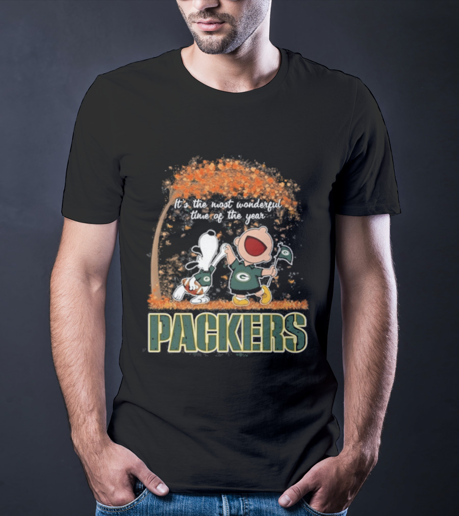Green Bay Packers Snoopy Charlie Brown Dancing Autumn Leaves 2026 Most Wonderful Time T-Shirt