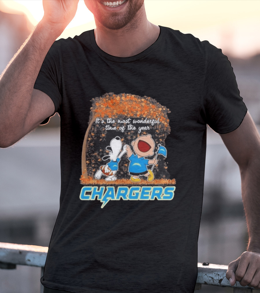 Los Angeles Chargers Snoopy Charlie Brown Dancing 2026 Most Wonderful Time Of The Year T-Shirt