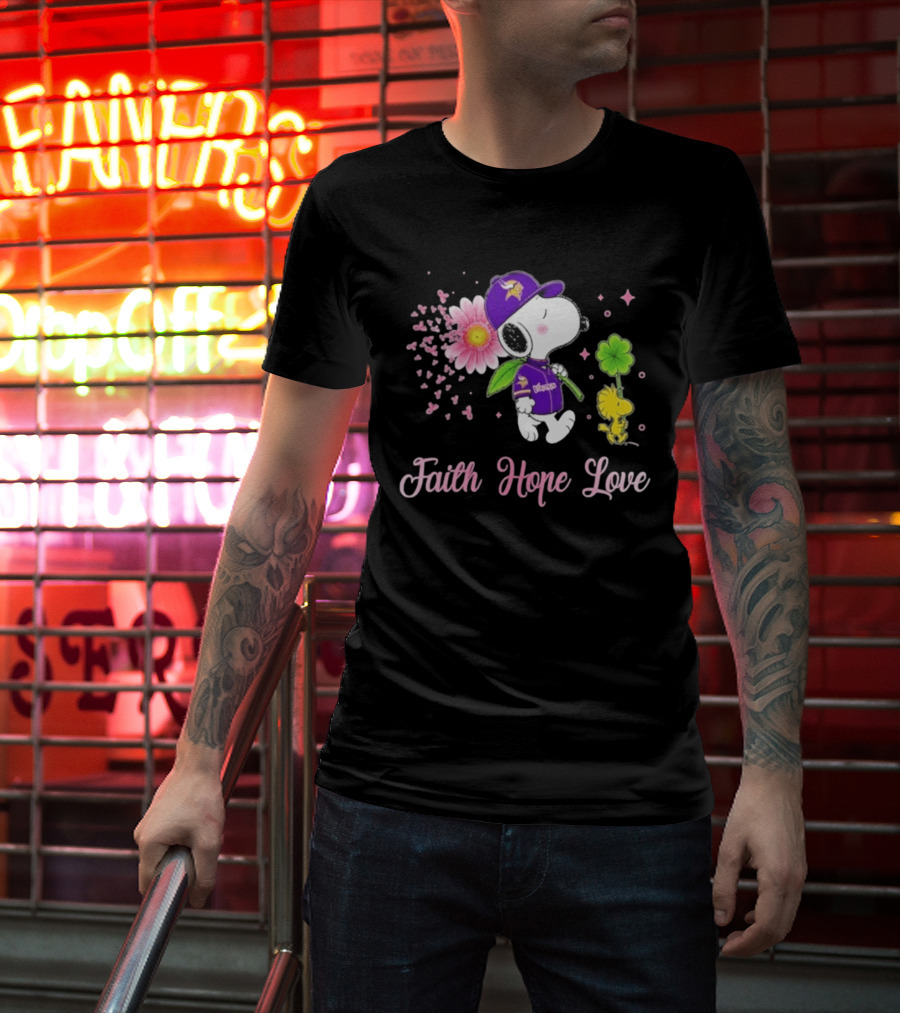 Minnesota Vikings Snoopy Faith Hope Love Breast Cancer Awareness 2026 T-Shirt