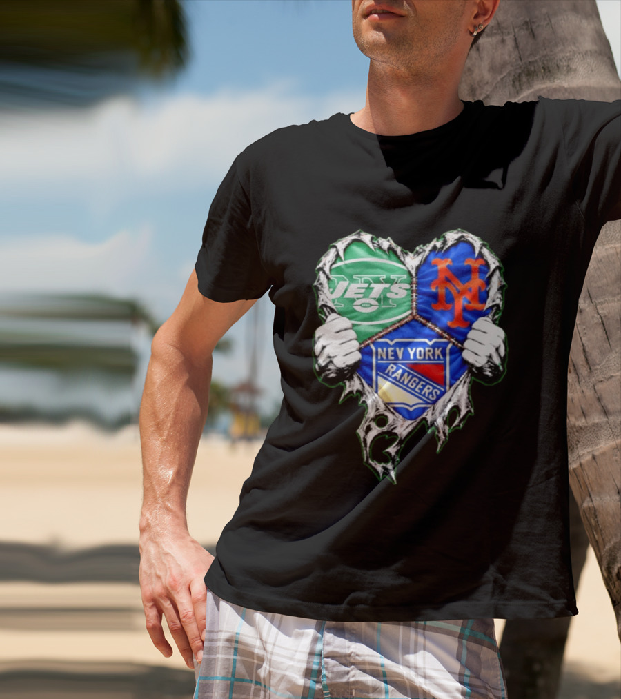 New York Jets Mets Rangers Heart Mashup Scratch T-Shirt