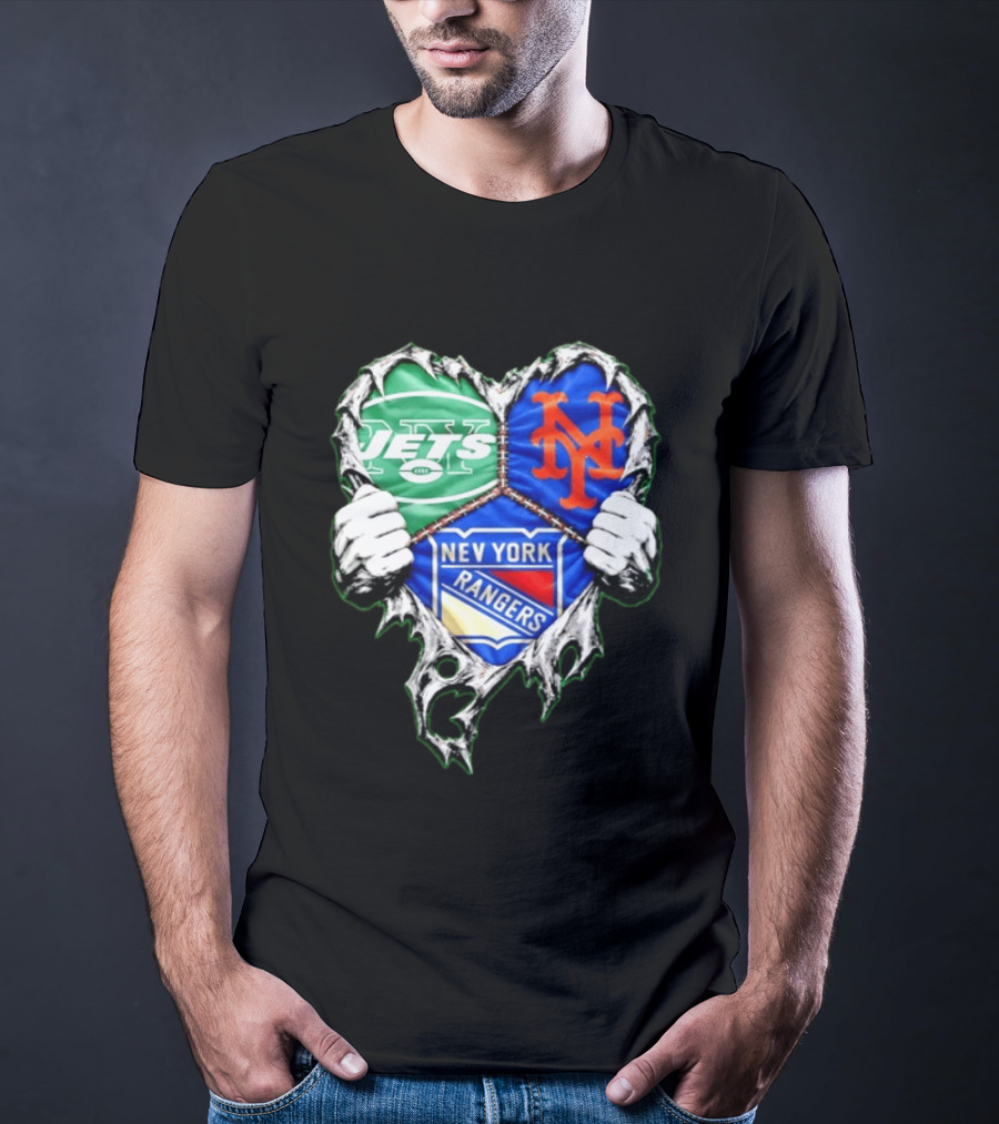 New York Jets Mets Rangers Heart Mashup Scratch T-Shirt