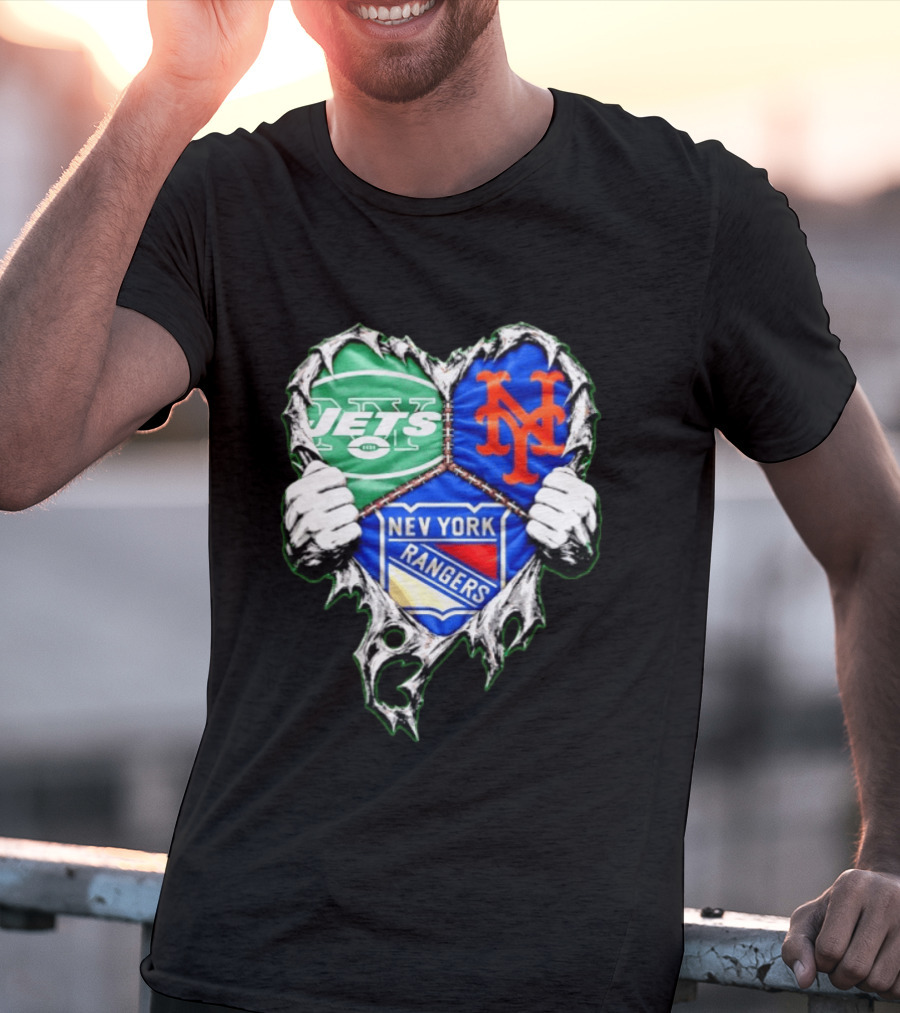 New York Jets Mets Rangers Heart Mashup Scratch T-Shirt