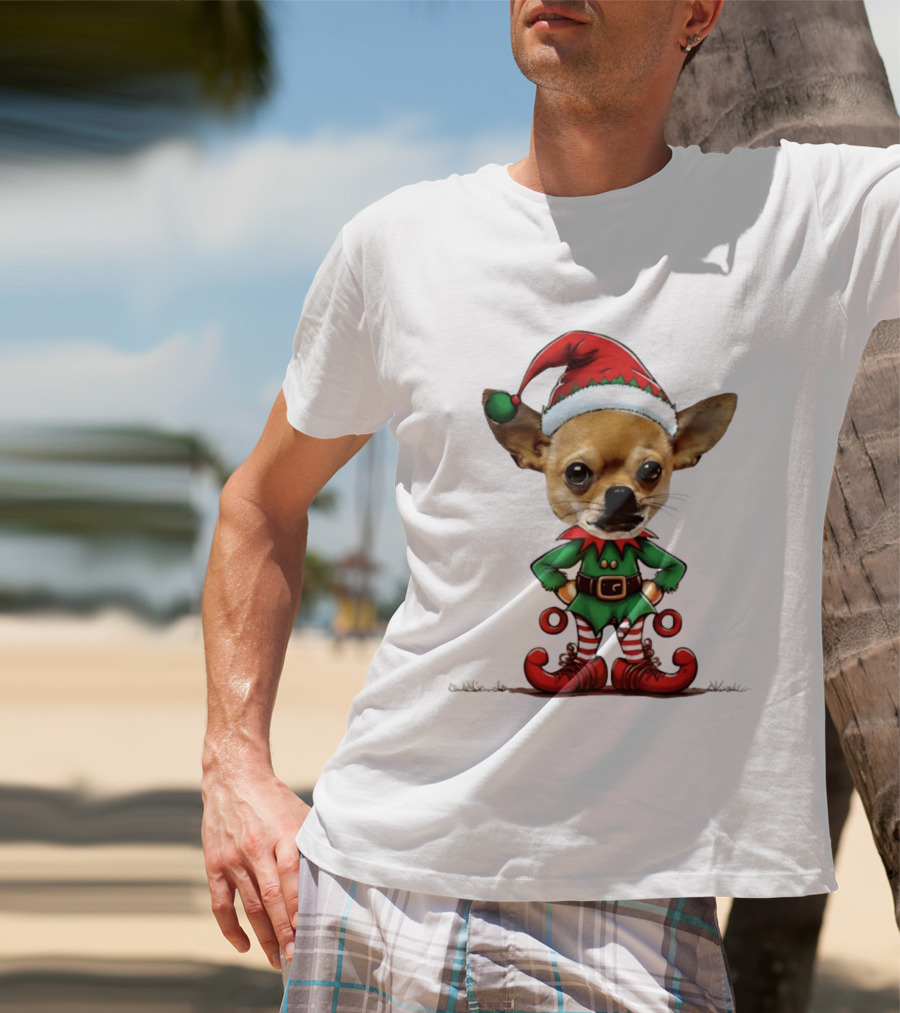 Chihuahua Elf Christmas 2026 Humor Meme Festive Dog In Santa Hat And Green Elf Outfit T-Shirt