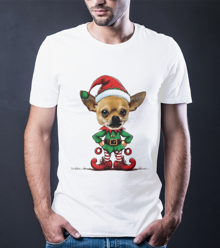 Chihuahua Elf Christmas 2026 Humor Meme Festive Dog In Santa Hat And Green Elf Outfit T-Shirt
