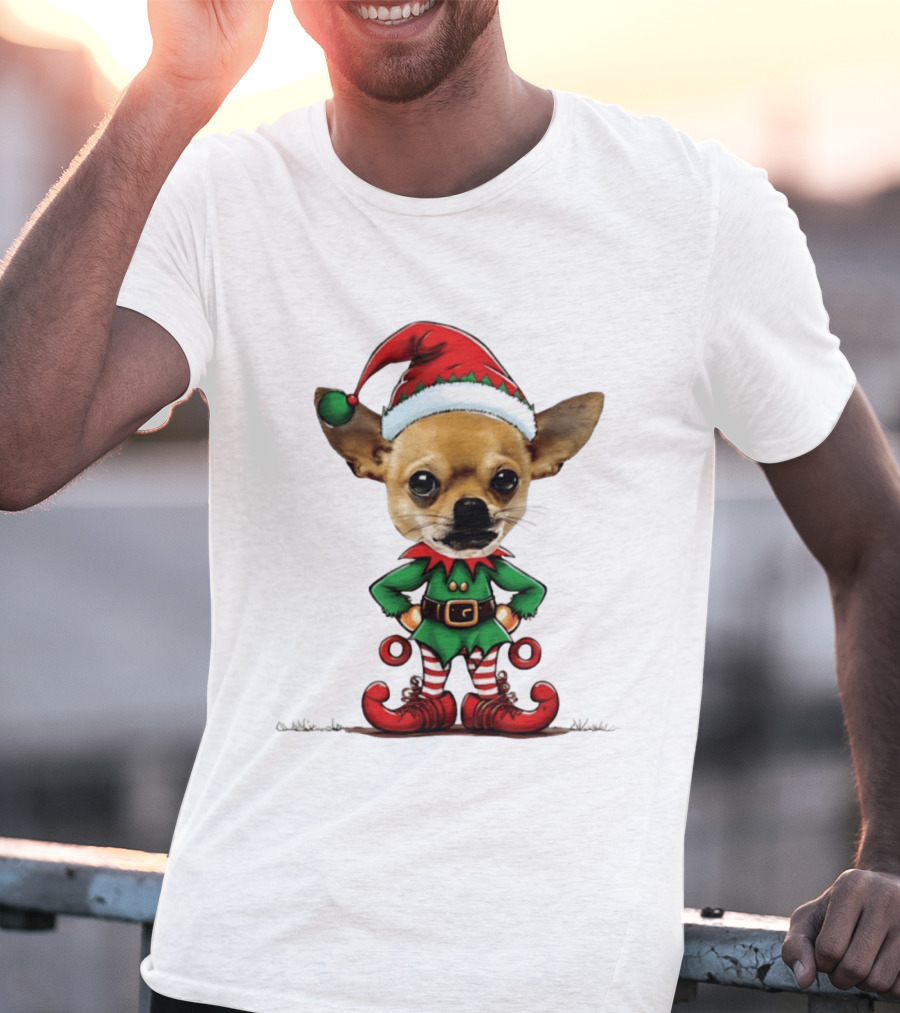 Chihuahua Elf Christmas 2026 Humor Meme Festive Dog In Santa Hat And Green Elf Outfit T-Shirt