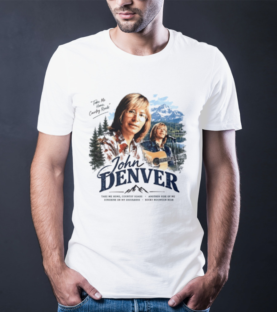 John Denver Take Me Home Country Roads Lyrics Mountains Forest Guitar Scene T-Shirt